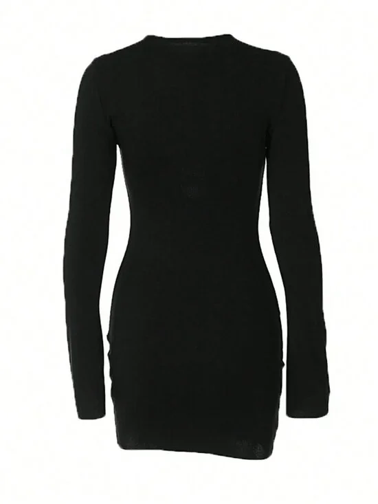 Black Sexy Women's Lace Up Front Bodycon long sleeve Dress - Picture 3 of 4
